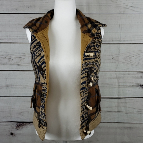 Da Nang• xs knit wool blend vest toggle closure hood plaid tribal - Picture 9 of 11